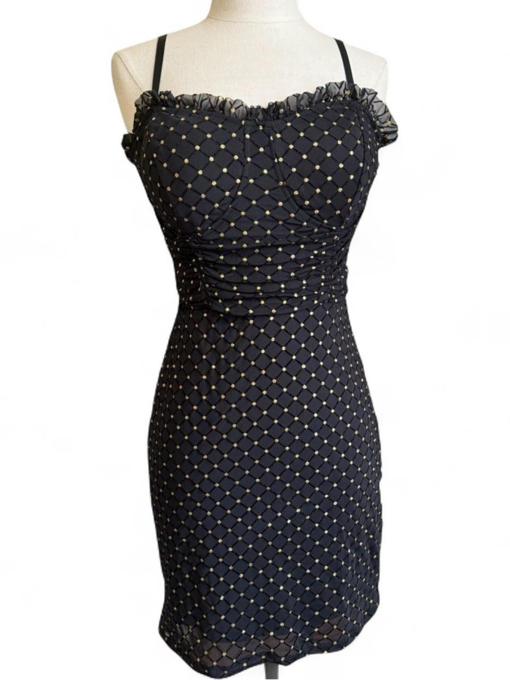 Elegant Black Mini Dress with Gold Polka Dot - Size Medium
